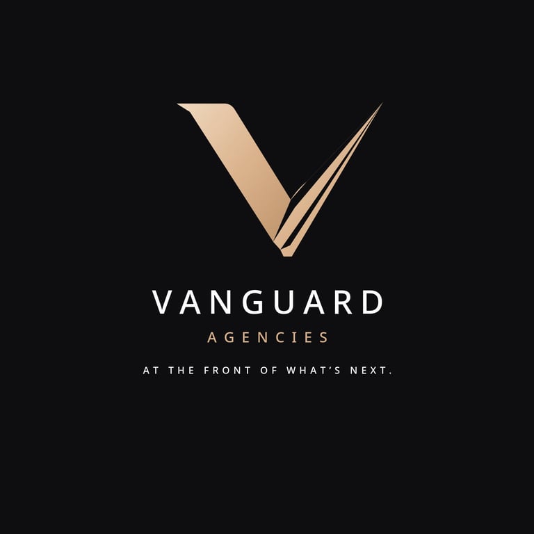 Vanguard Agencies logo featuring a stylized checkmark symbol in beige with tagline At the Front of Whats Next on black background